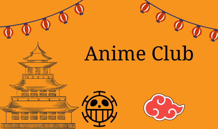Anime club text with Japanese lanterns, temple, Naruto, and one piece logo